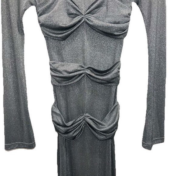 PHEME Silver Mesh Maxi Dress XS Stretch Ruched Long Sleeve Evening Sparkle Gown - Picture 6 of 13
